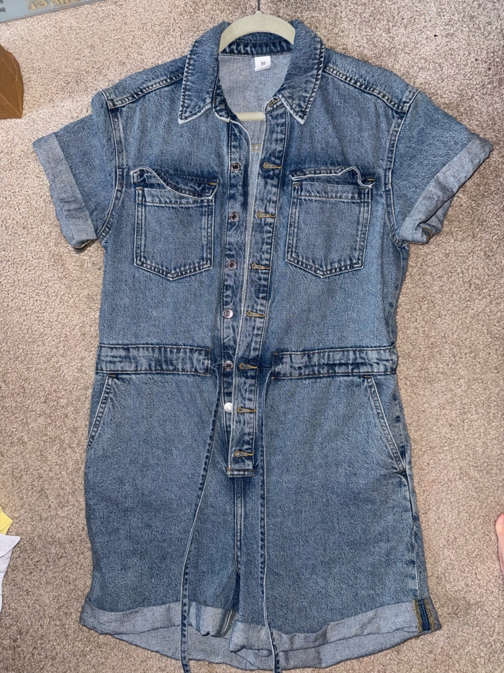 Denim Short-Sleeve Romper Jumpsuit in Faded Blue